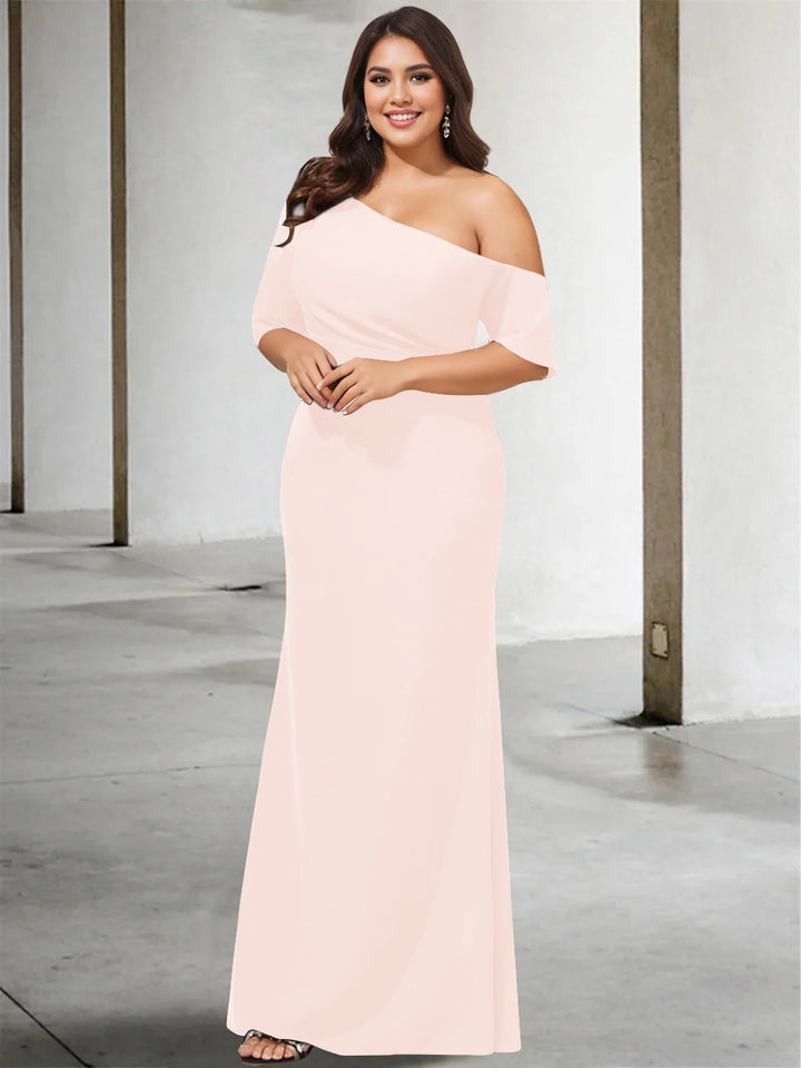 A-Line/Princess One-Shoulder 3/4 Length Sleeves Pure Color Plus Size Floor-Length Mother of the Bride Dresses