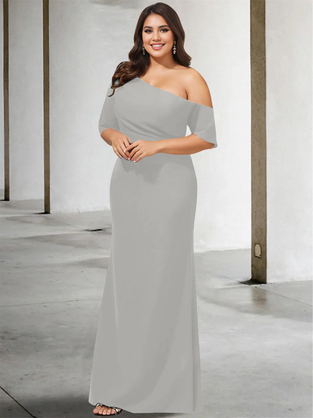 A-Line/Princess One-Shoulder 3/4 Length Sleeves Pure Color Plus Size Floor-Length Mother of the Bride Dresses