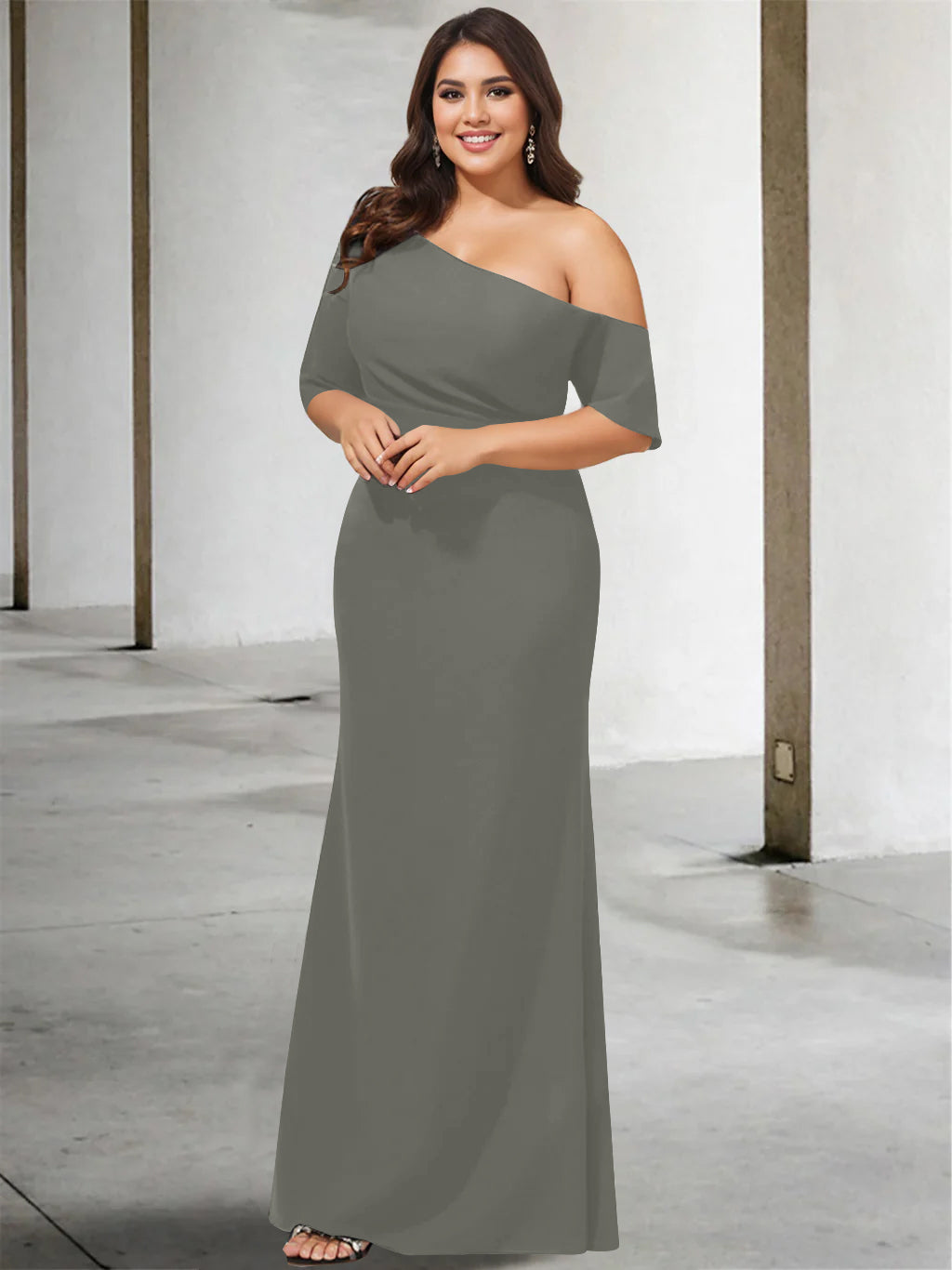 A-Line/Princess One-Shoulder 3/4 Length Sleeves Pure Color Plus Size Floor-Length Mother of the Bride Dresses