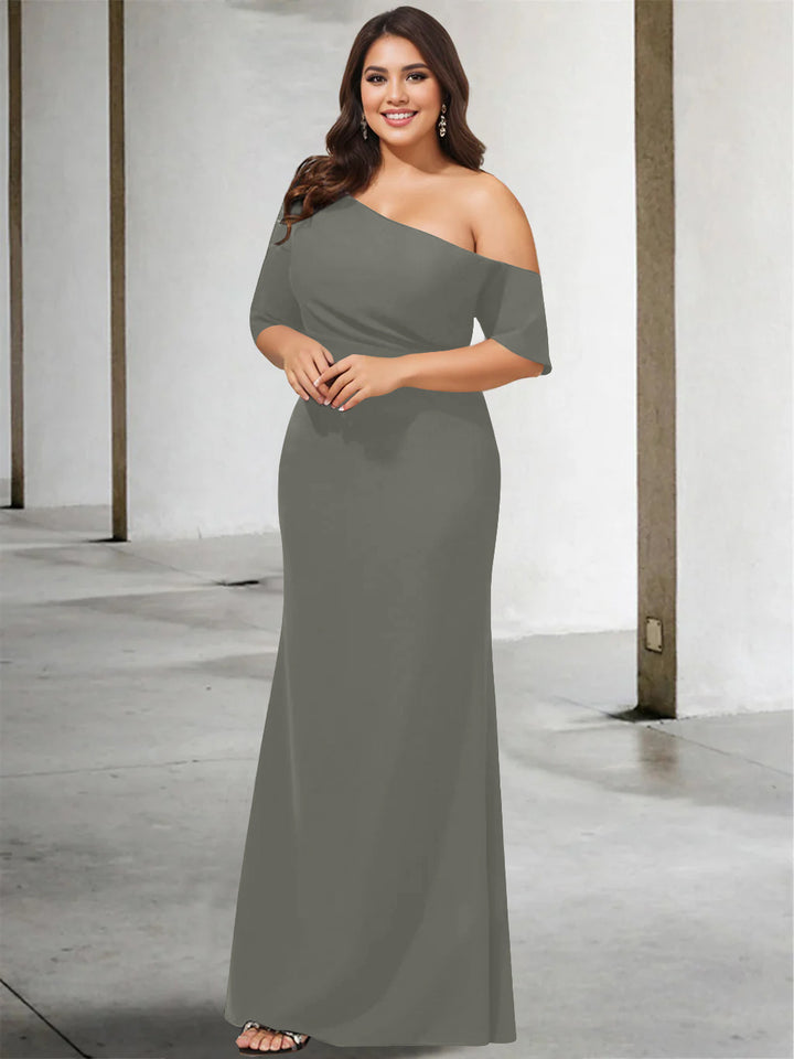 A-Line/Princess One-Shoulder 3/4 Length Sleeves Pure Color Plus Size Floor-Length Mother of the Bride Dresses