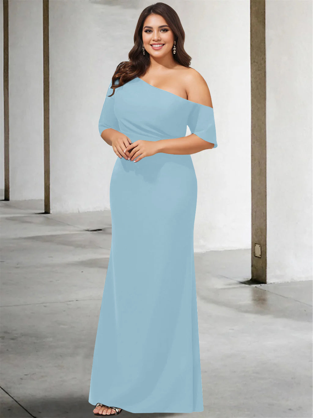 A-Line/Princess One-Shoulder 3/4 Length Sleeves Pure Color Plus Size Floor-Length Mother of the Bride Dresses