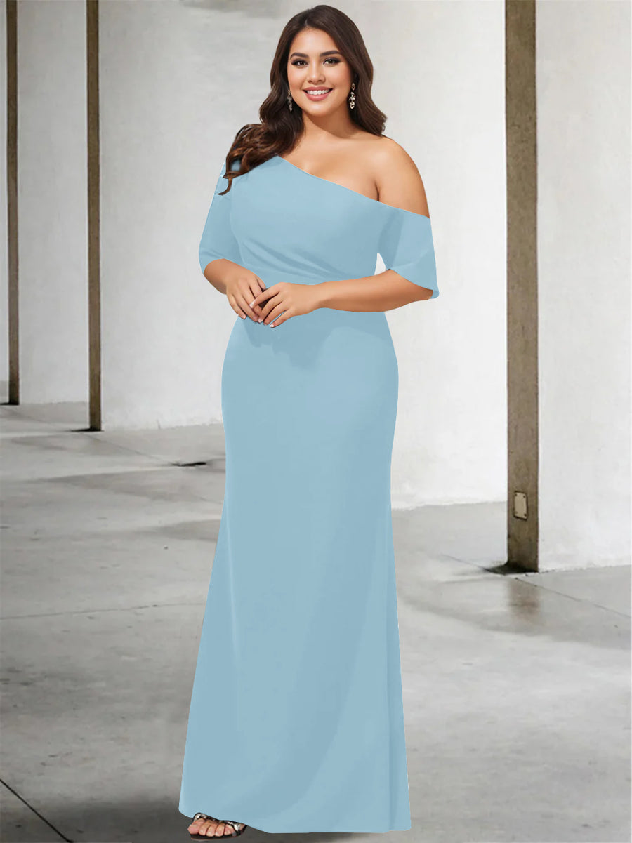 A-Line/Princess One-Shoulder 3/4 Length Sleeves Pure Color Plus Size Floor-Length Mother of the Bride Dresses