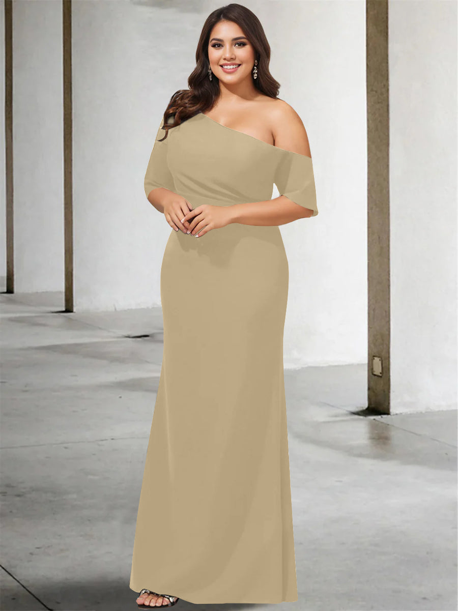 A-Line/Princess One-Shoulder 3/4 Length Sleeves Pure Color Plus Size Floor-Length Mother of the Bride Dresses