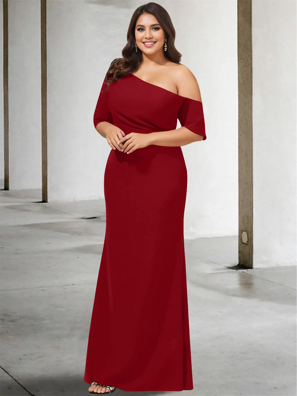 A-Line/Princess One-Shoulder 3/4 Length Sleeves Pure Color Plus Size Floor-Length Mother of the Bride Dresses Wine Red A-Line/Princess One-Shoulder 3/4 Length Sleeves Pure Color Plus Size Floor-Length Mother of the Bride Dresses Wine Red