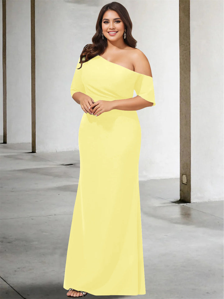 A-Line/Princess One-Shoulder 3/4 Length Sleeves Pure Color Plus Size Floor-Length Mother of the Bride Dresses