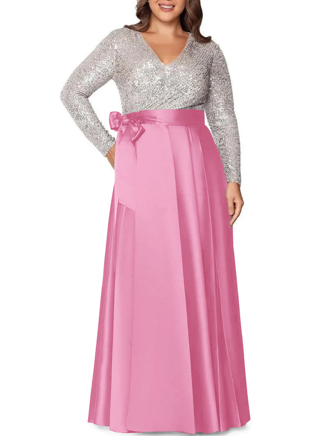 A-Line/Princess V-Neck Long Sleeves Floor-Length Plus Size Mother of the Bride Dresses With Pocket Sequins