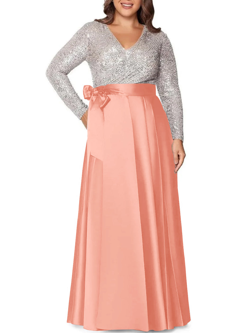 A-Line/Princess V-Neck Long Sleeves Floor-Length Plus Size Mother of the Bride Dresses With Pocket Sequins