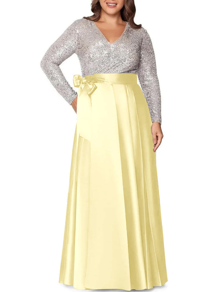 A-Line/Princess V-Neck Long Sleeves Floor-Length Plus Size Mother of the Bride Dresses With Pocket Sequins