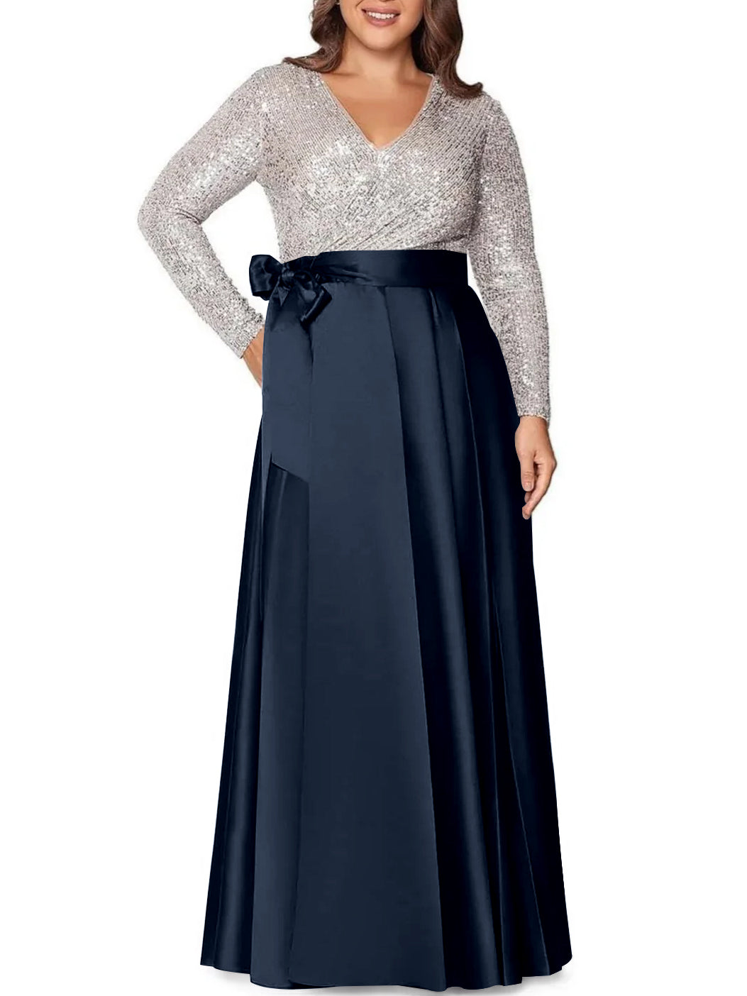 A-Line/Princess V-Neck Long Sleeves Floor-Length Plus Size Mother of the Bride Dresses With Pocket Sequins