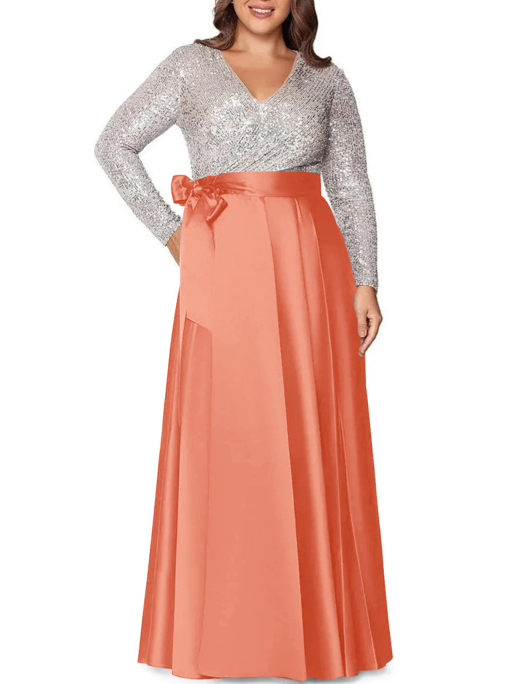 A-Line/Princess V-Neck Long Sleeves Floor-Length Plus Size Mother of the Bride Dresses With Pocket Sequins