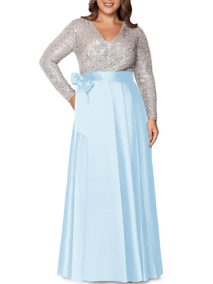 A-Line/Princess V-Neck Long Sleeves Floor-Length Plus Size Mother of the Bride Dresses With Pocket Sequins