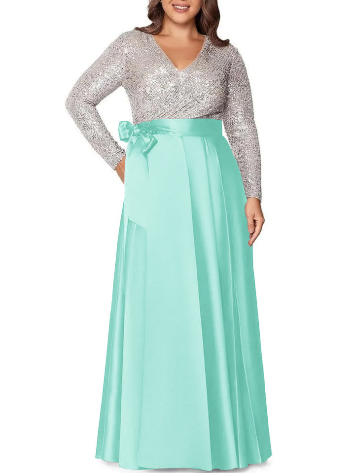 A-Line/Princess V-Neck Long Sleeves Floor-Length Plus Size Mother of the Bride Dresses With Pocket Sequins