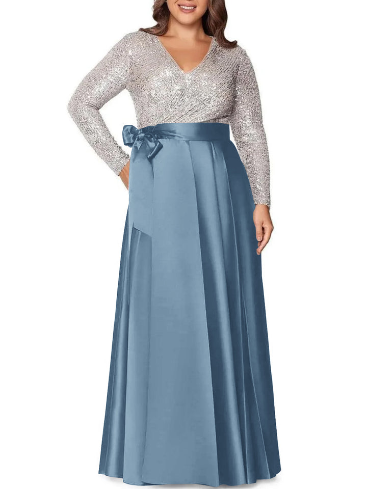 A-Line/Princess V-Neck Long Sleeves Floor-Length Plus Size Mother of the Bride Dresses With Pocket Sequins