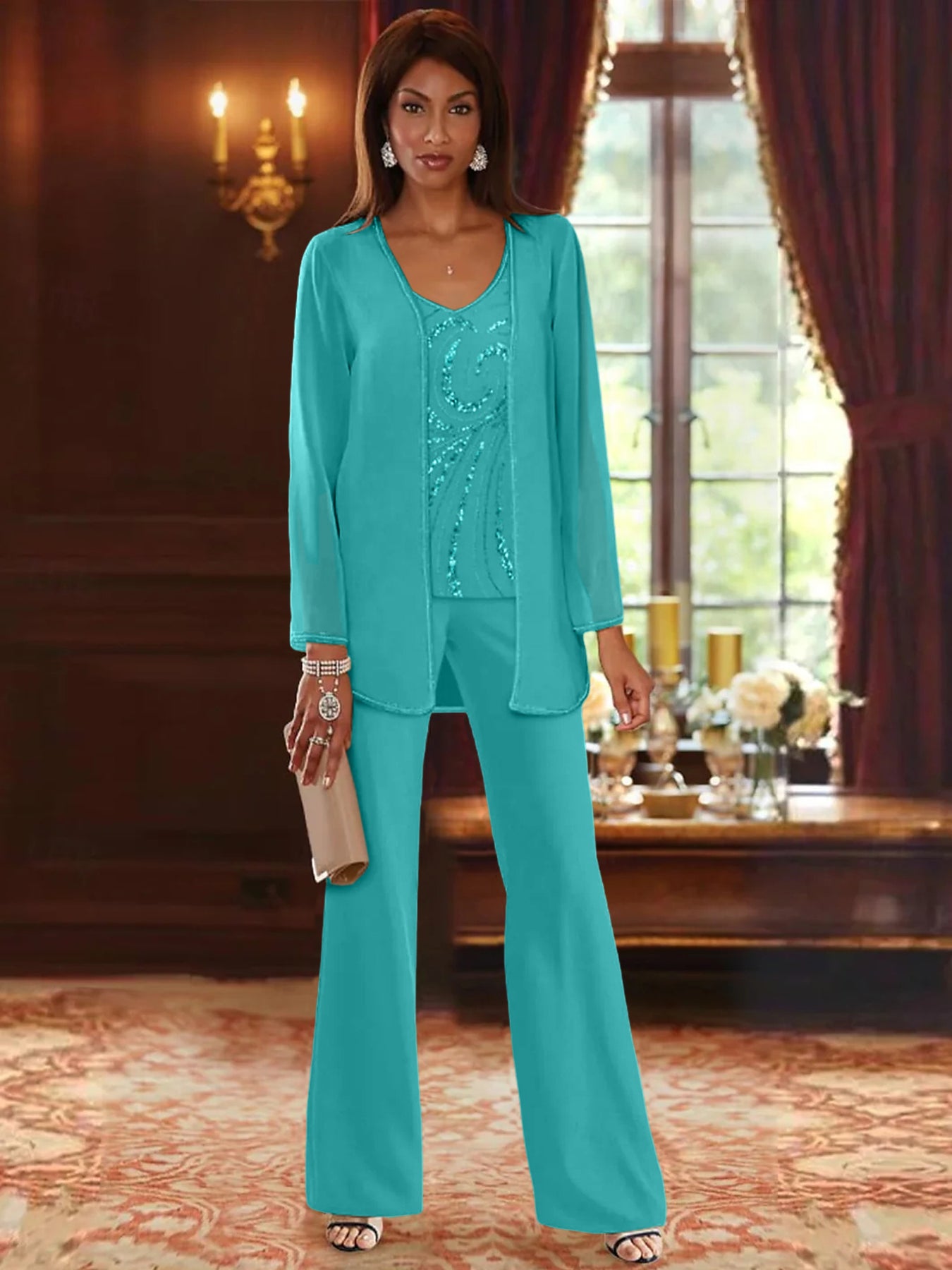 Chiffon V-Neck Floor-Length 3 Pieces Mother of the Bride Pantsuits with Jacket & Sequins Beading