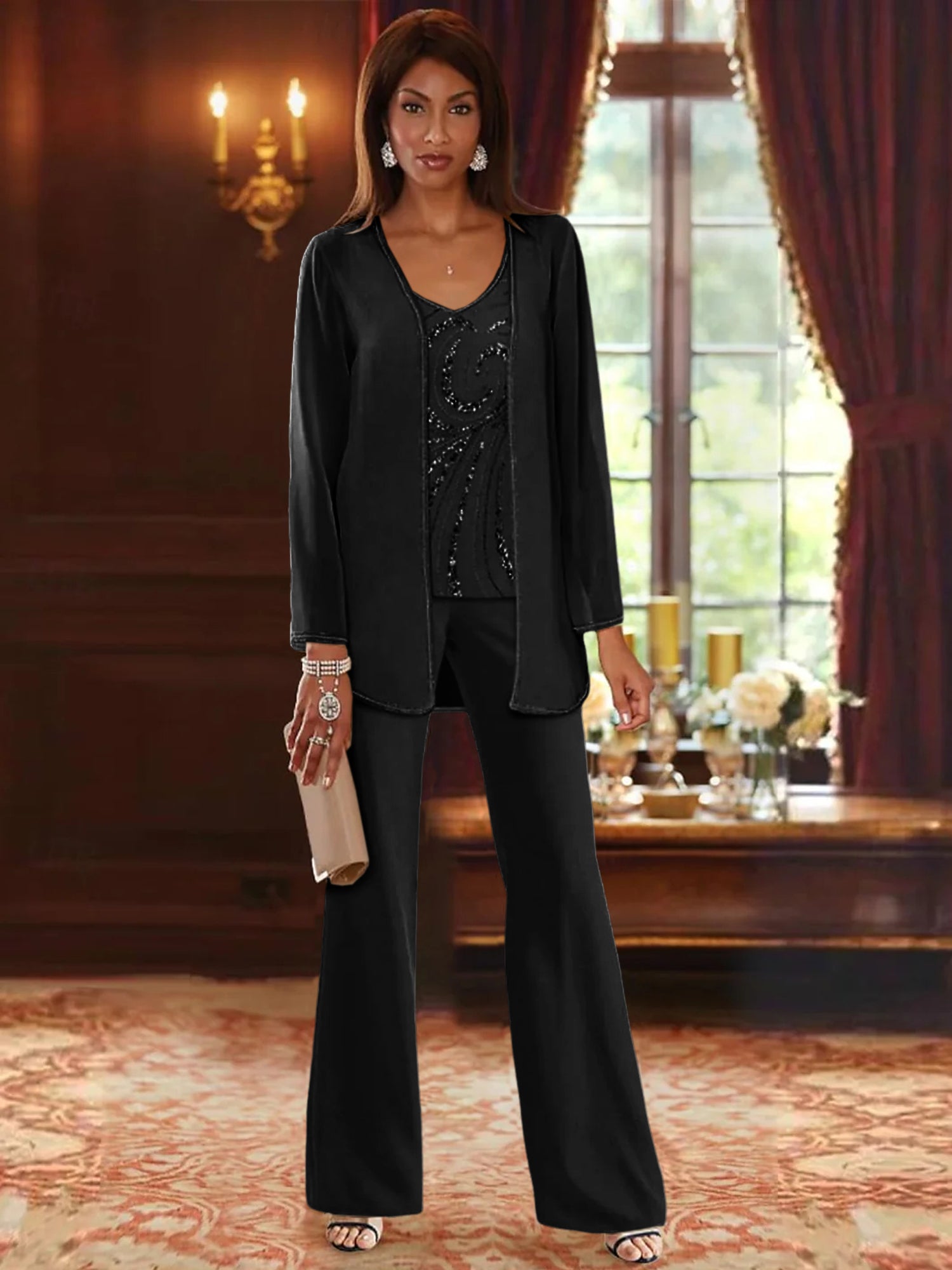 Chiffon V-Neck Floor-Length 3 Pieces Mother of the Bride Chiffon V-Neck Floor-Length 3 Pieces Mother of the Bride