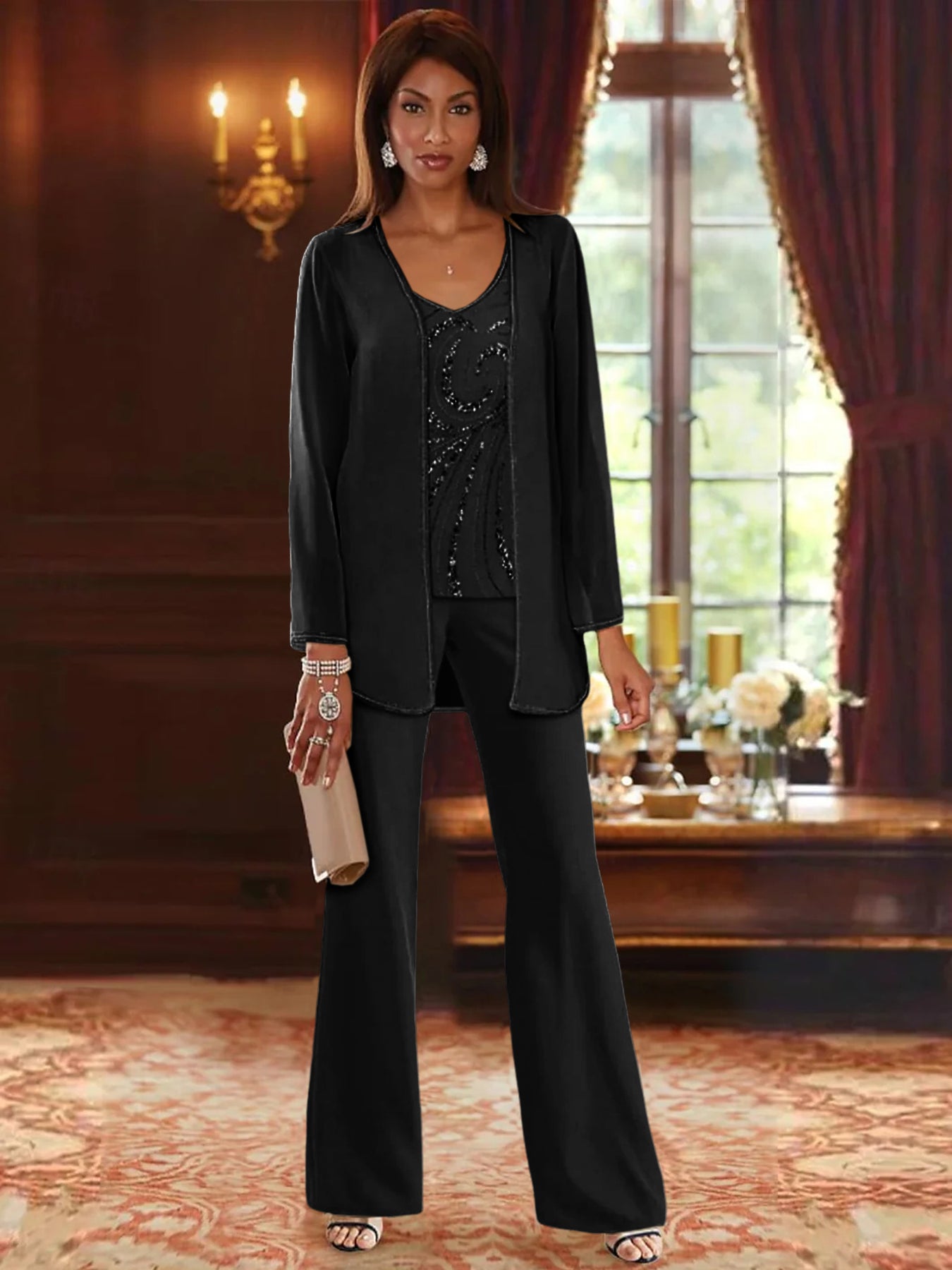 Chiffon V-Neck Floor-Length 3 Pieces Mother of the Bride Pantsuits with Jacket & Sequins Beading
