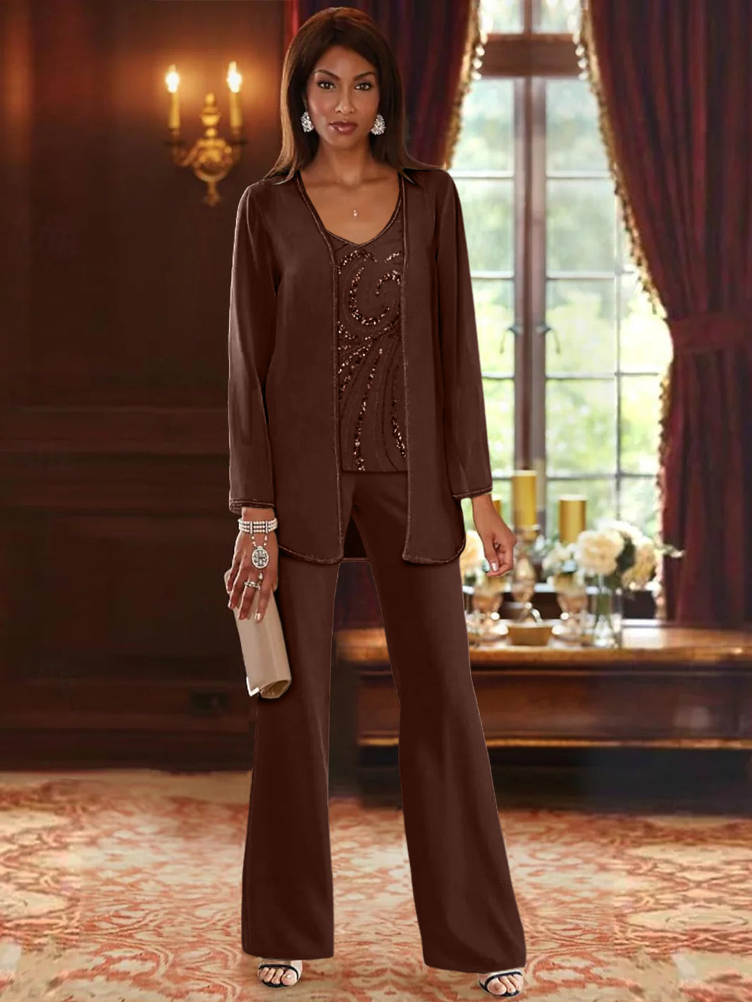 Chiffon V-Neck Floor-Length 3 Pieces Mother of the Bride Pantsuits with Jacket & Sequins Beading