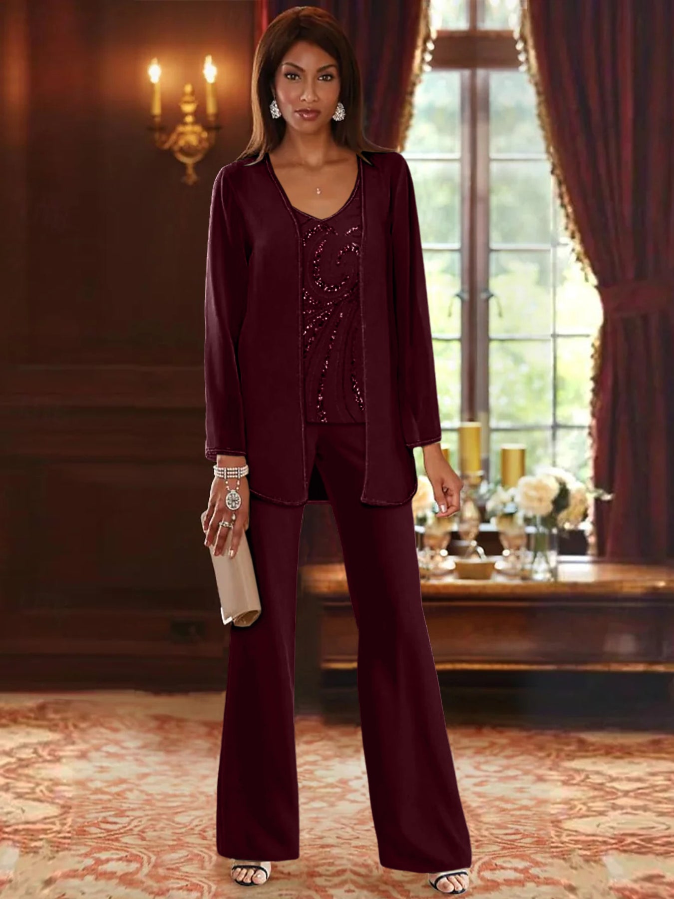 Chiffon V-Neck Floor-Length 3 Pieces Mother of the Bride Pantsuits with Jacket & Sequins Beading