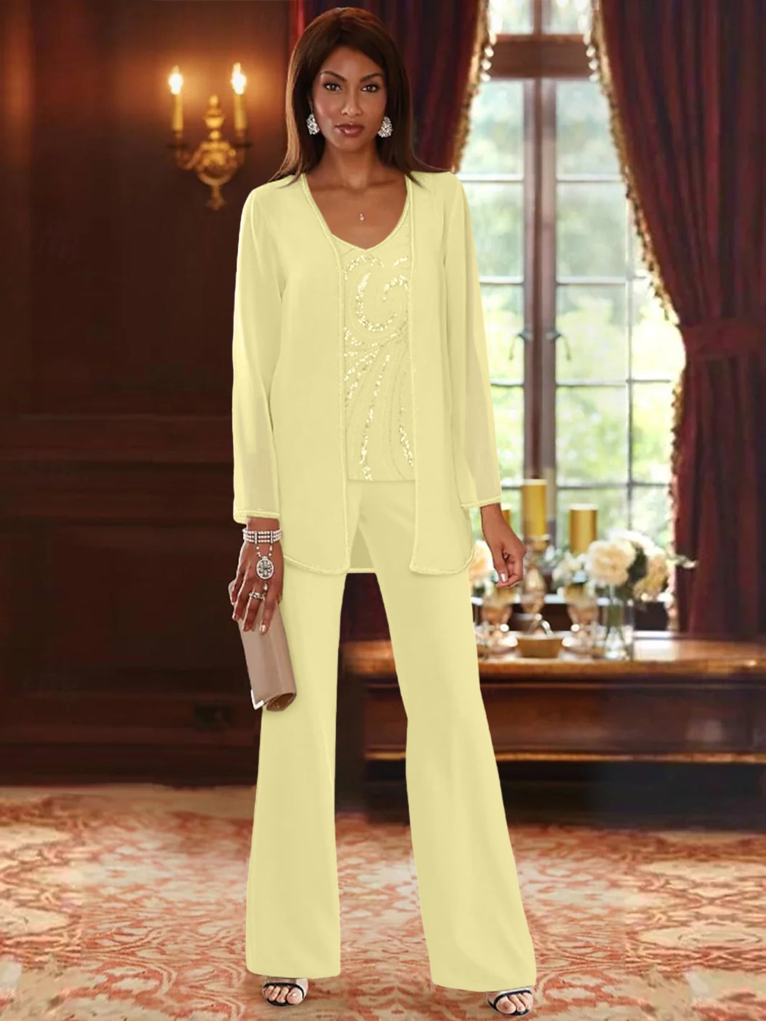 Chiffon V-Neck Floor-Length 3 Pieces Mother of the Bride Pantsuits