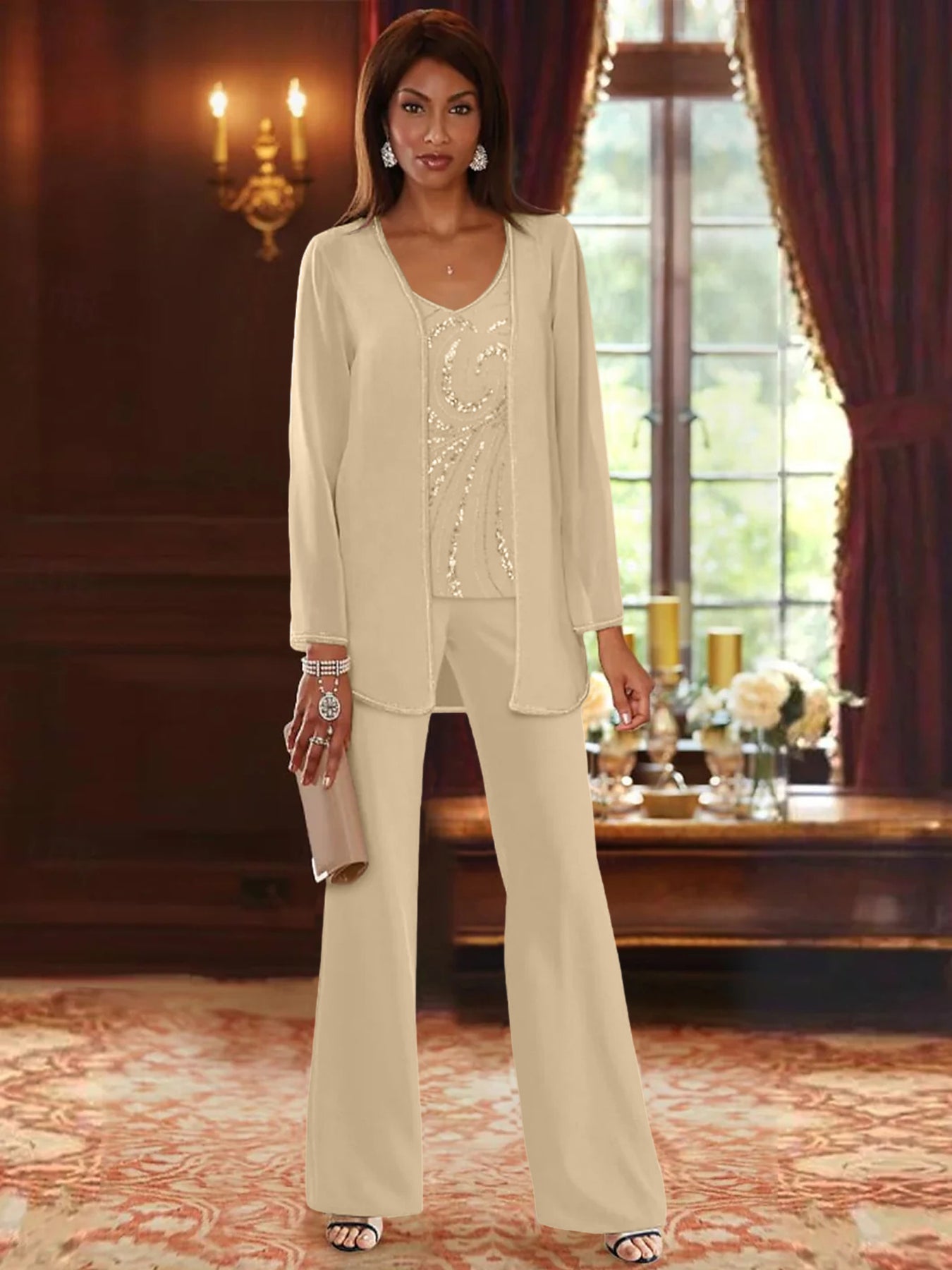 Chiffon V-Neck Floor-Length 3 Pieces Mother of the Bride Pantsuits with Jacket & Sequins Beading