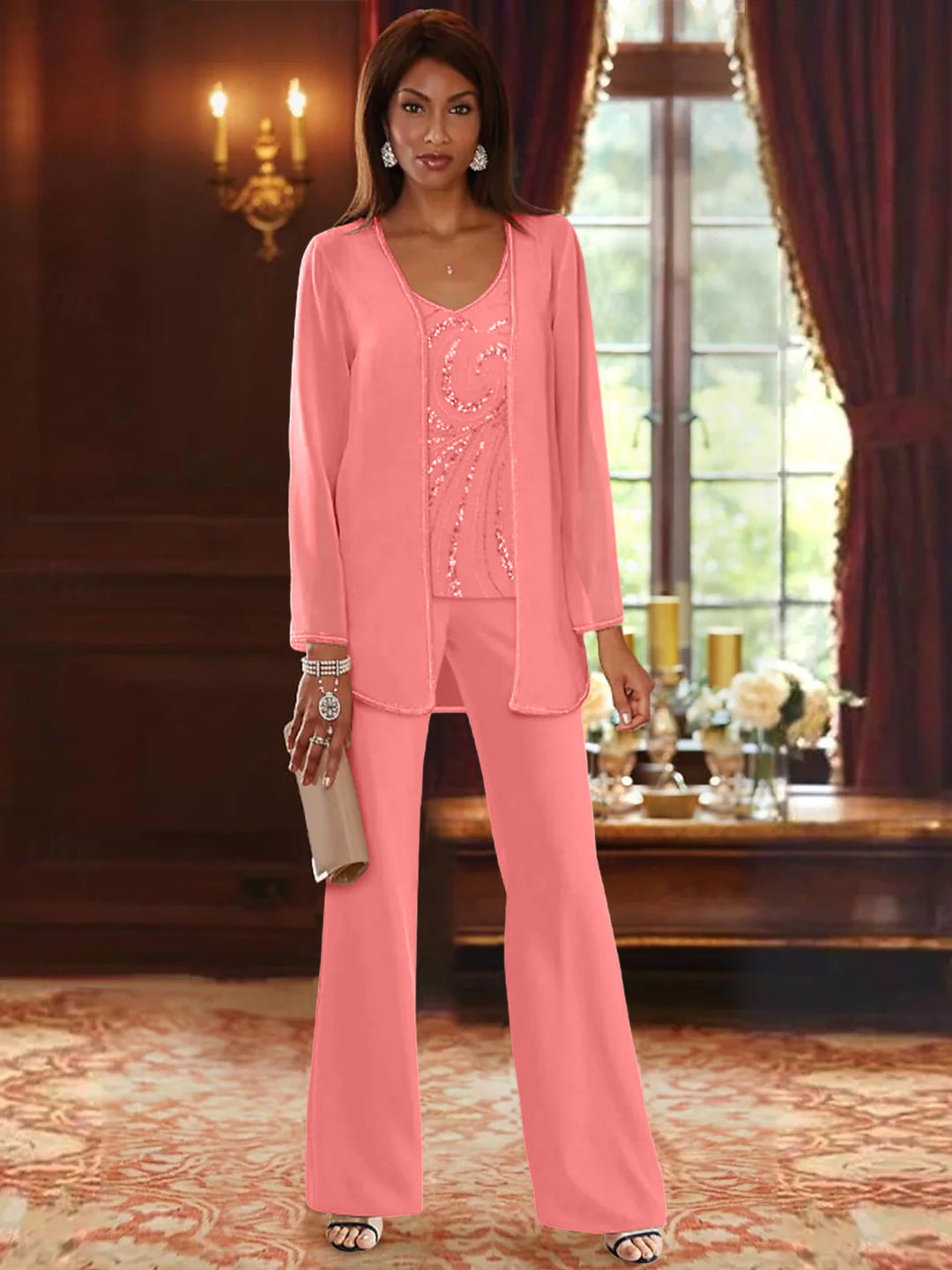 Chiffon V-Neck Floor-Length 3 Pieces Mother of the Bride Pantsuits with Jacket & Sequins Beading