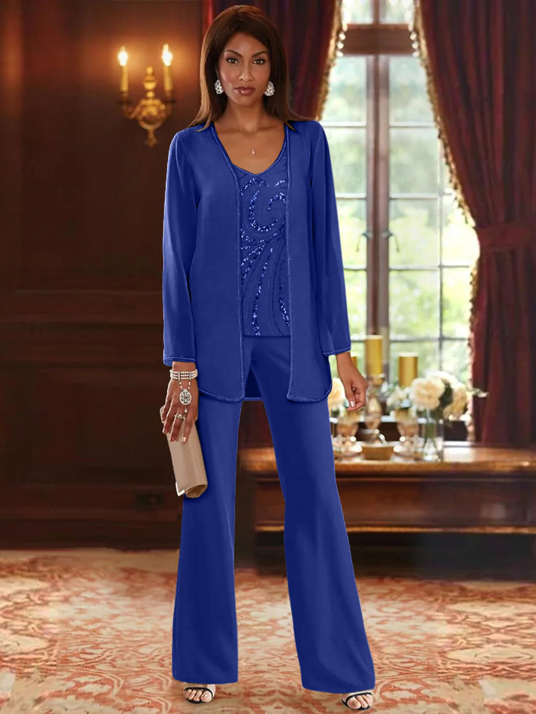 Chiffon V-Neck Floor-Length 3 Pieces Mother of the Bride Pantsuits with Jacket & Sequins