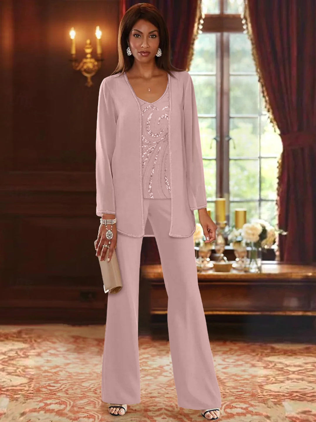 Chiffon V-Neck Floor-Length 3 Pieces Mother of the Bride Pantsuits with Jacket & Sequins Beading