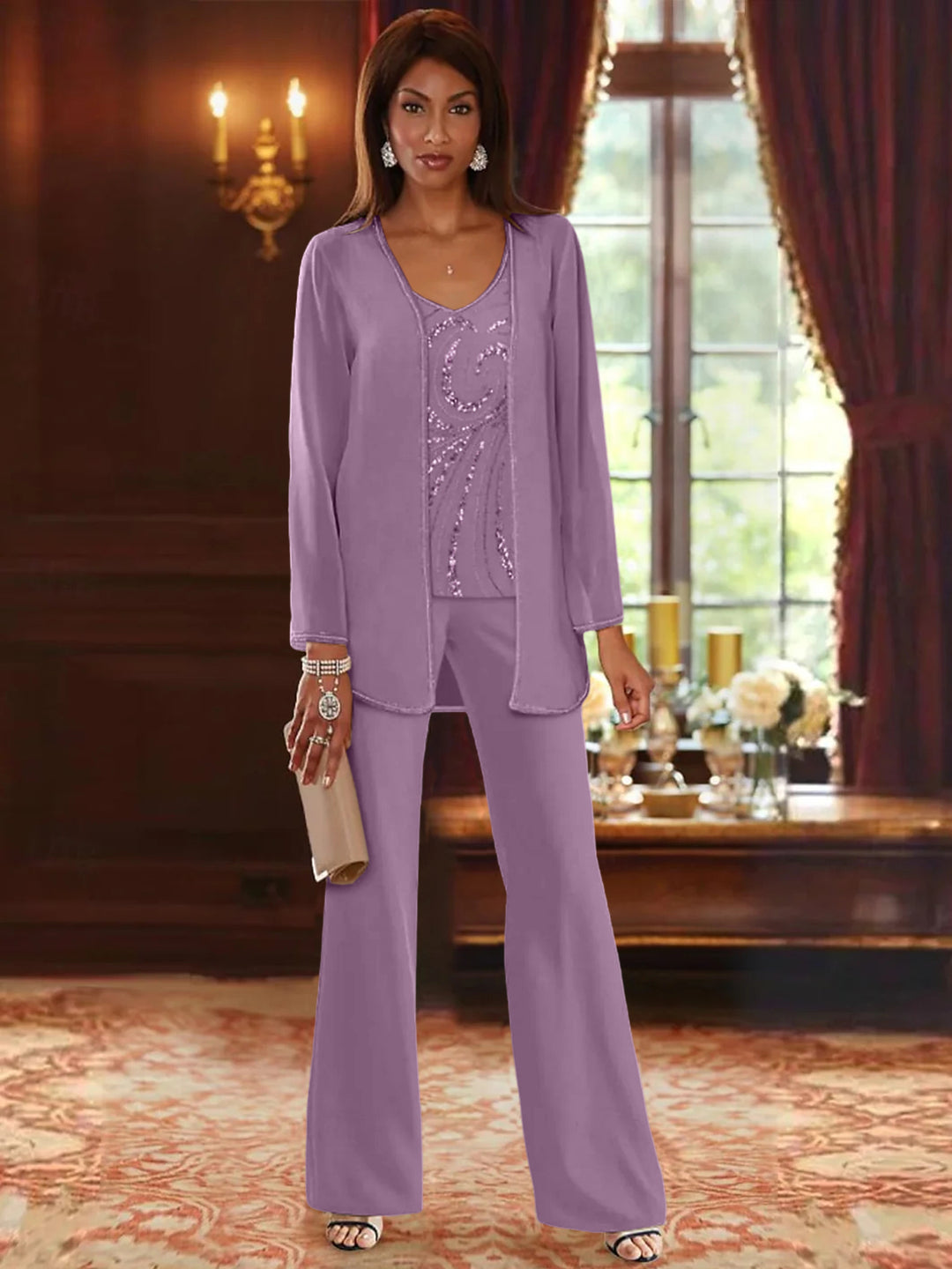 Chiffon V-Neck Floor-Length 3 Pieces Mother of the Bride Pantsuits with Jacket & Sequins Beading
