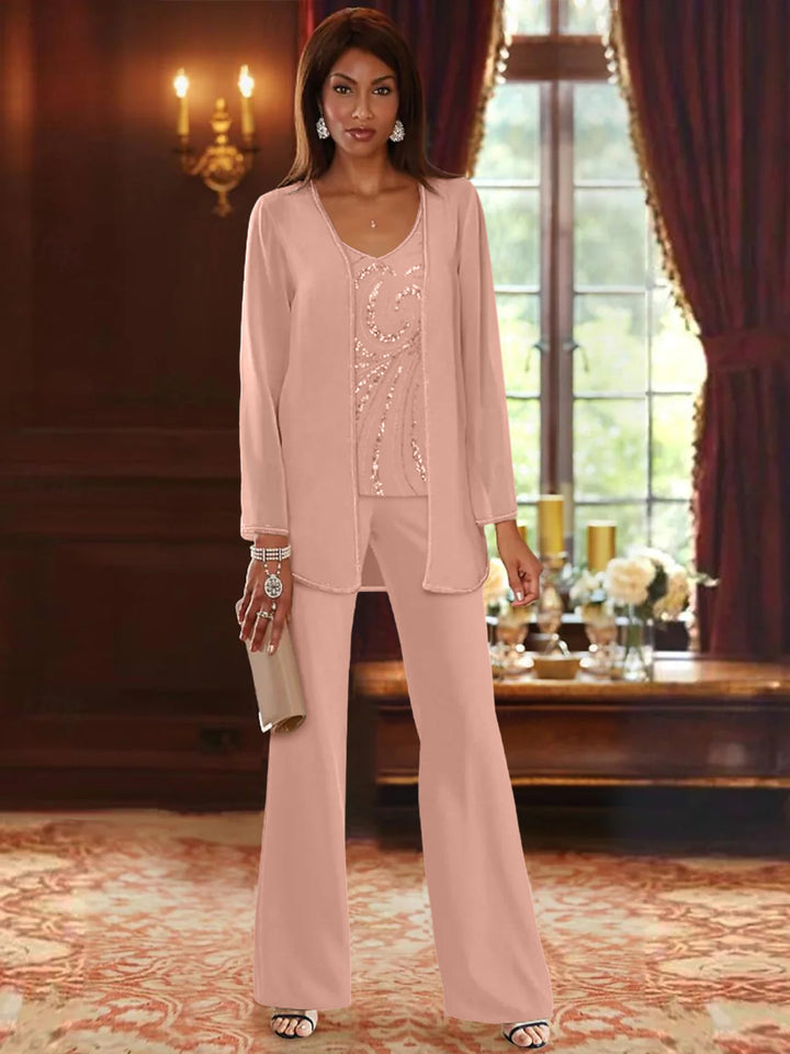 Chiffon V-Neck Floor-Length 3 Pieces Mother of the Bride Pantsuits with Jacket & Sequins