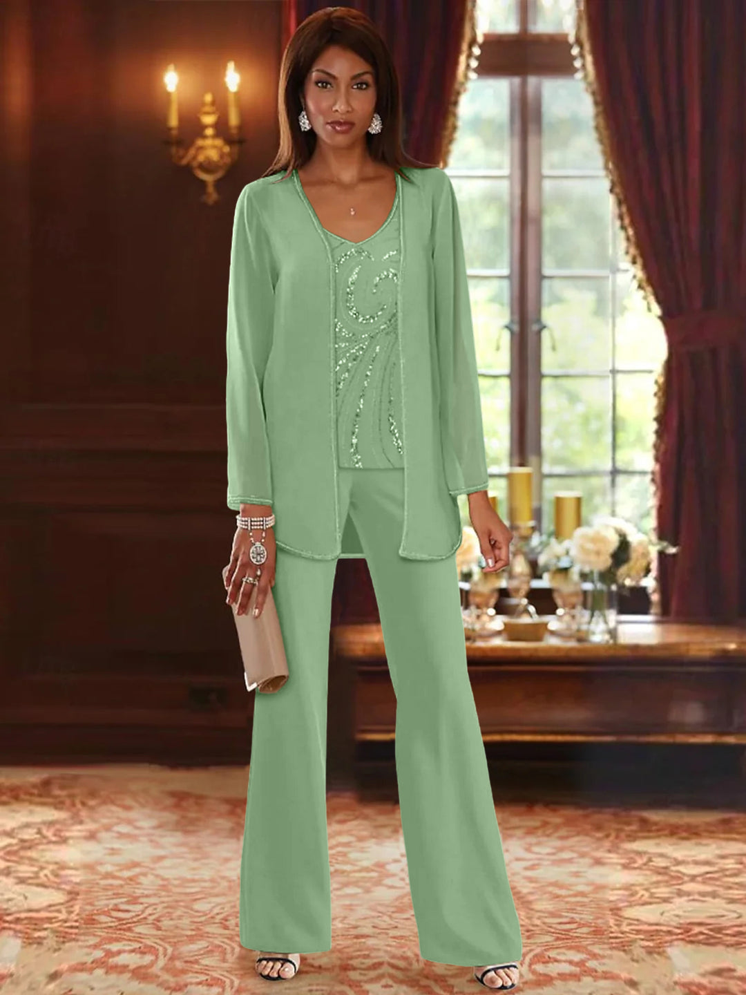 Chiffon V-Neck Floor-Length 3 Pieces Mother of the Bride Pantsuits with Jacket & Sequins Beading