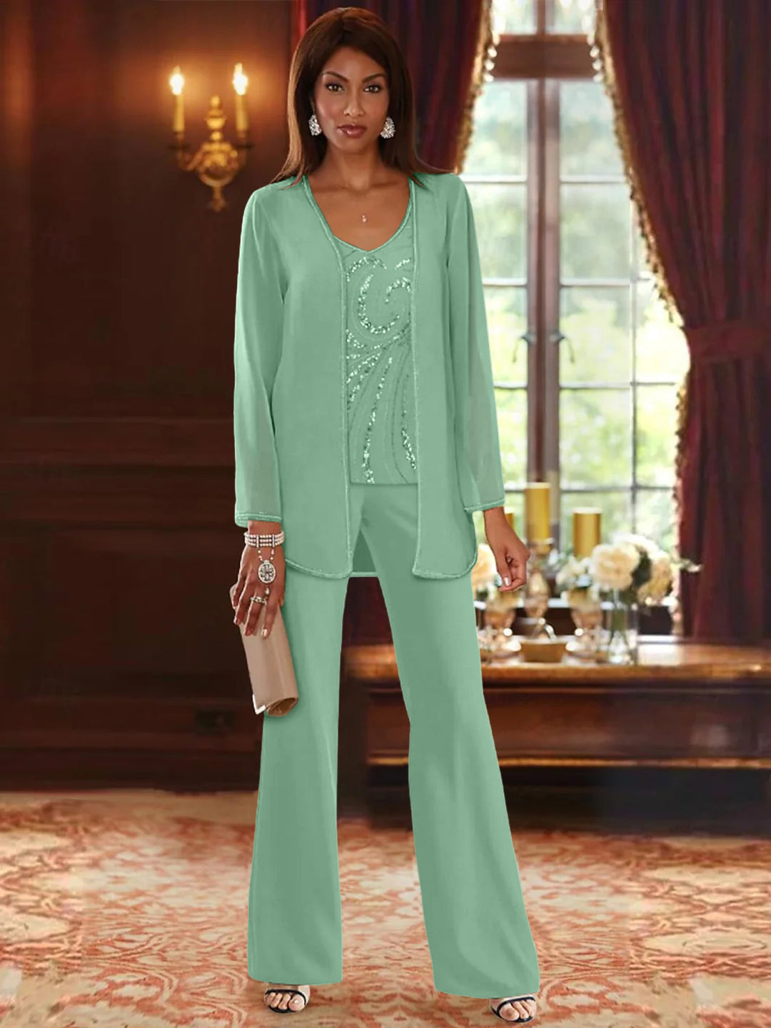 Chiffon V-Neck Floor-Length 3 Pieces Mother of the Bride Pantsuits with Jacket & Sequins Beading