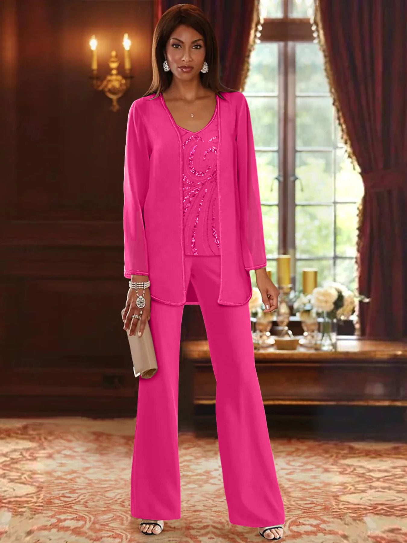 Chiffon V-Neck Floor-Length 3 Pieces Mother of the Bride Pantsuits with Jacket & Sequins Beading