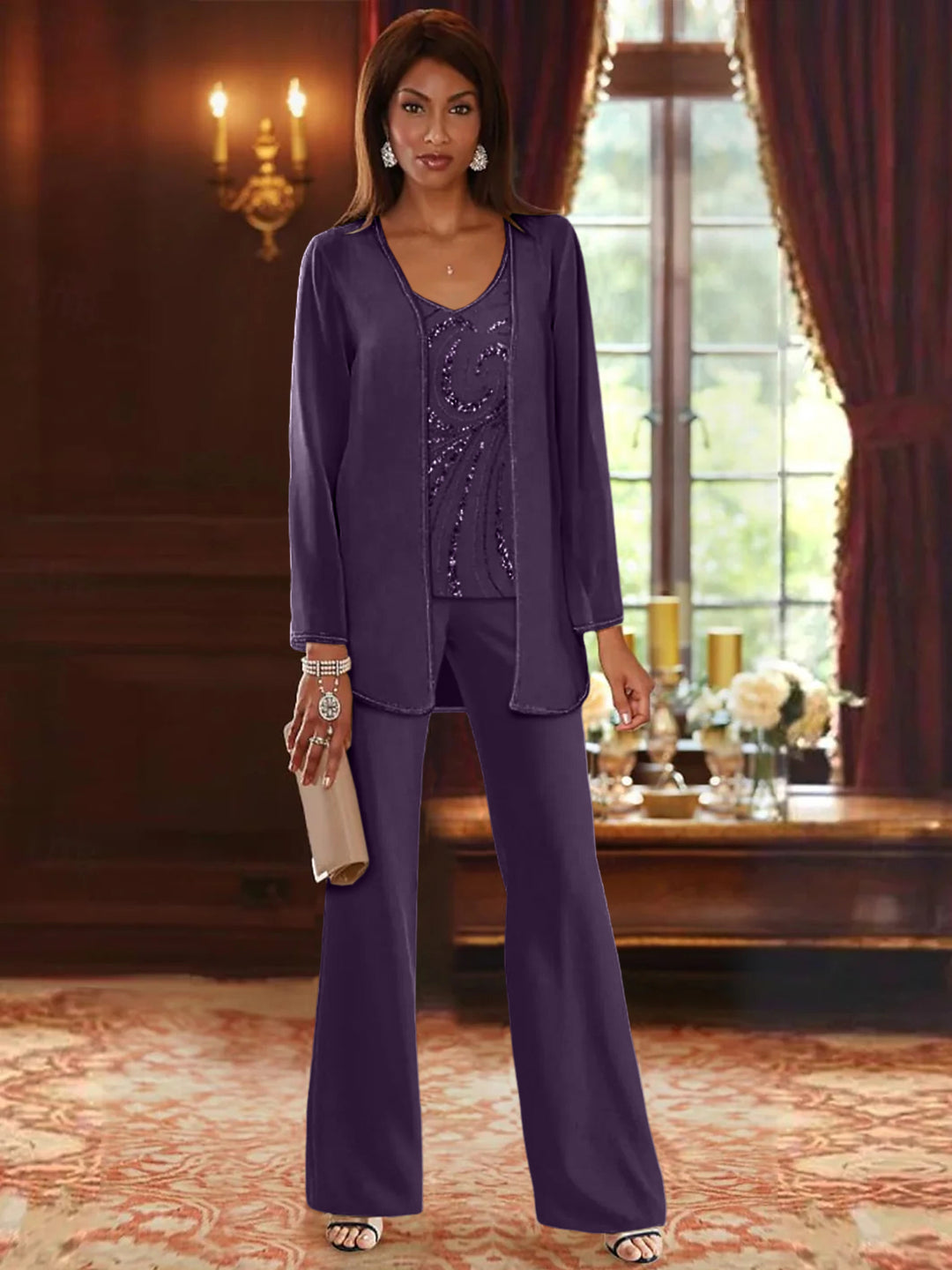Chiffon V-Neck Floor-Length 3 Pieces Mother of the Bride Pantsuits with Jacket & Sequins Beading