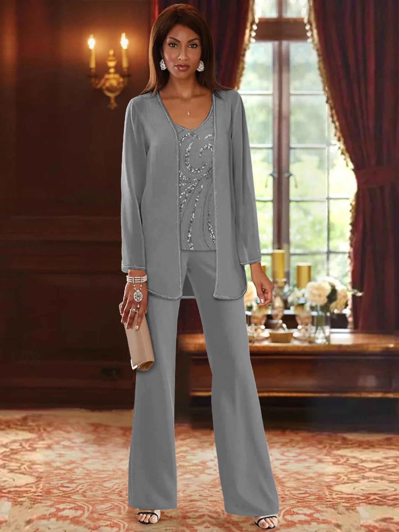 Chiffon V-Neck Floor-Length 3 Pieces Mother of the Bride Pantsuits with Jacket & Sequins Beading