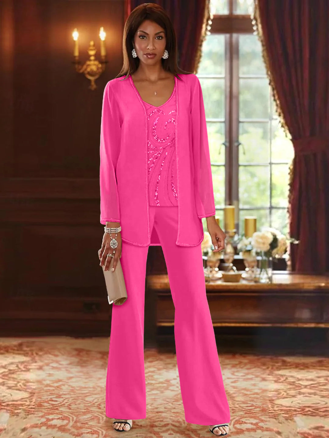 Chiffon V-Neck Floor-Length 3 Pieces Mother of the Bride Pantsuits with Jacket & Sequins