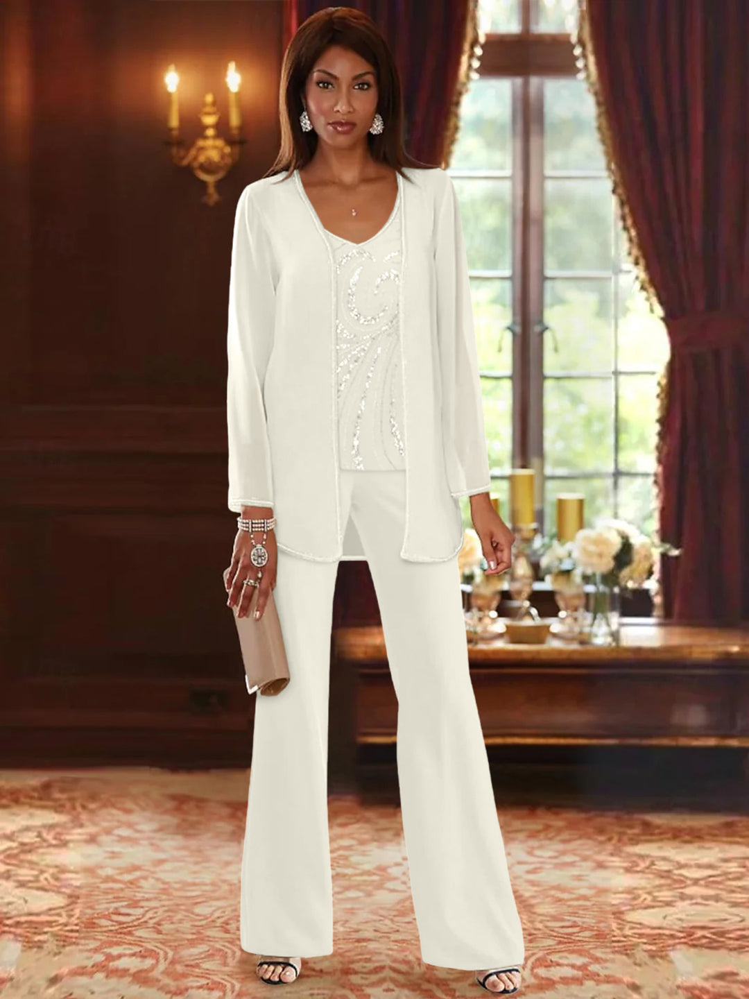 Chiffon V-Neck Floor-Length 3 Pieces Mother of the Bride Pantsuits with Jacket & Sequins Beading