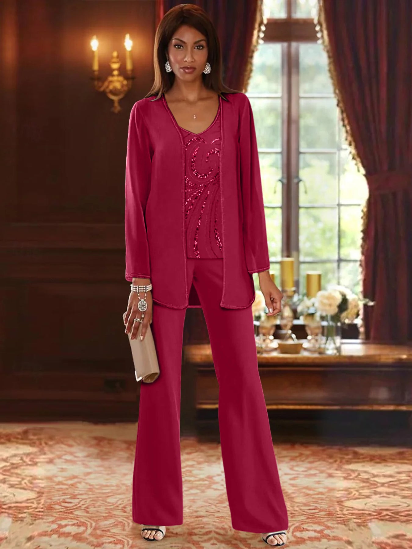 Chiffon V-Neck Floor-Length 3 Pieces Mother of the Bride Pantsuits with Jacket & Sequins Beading