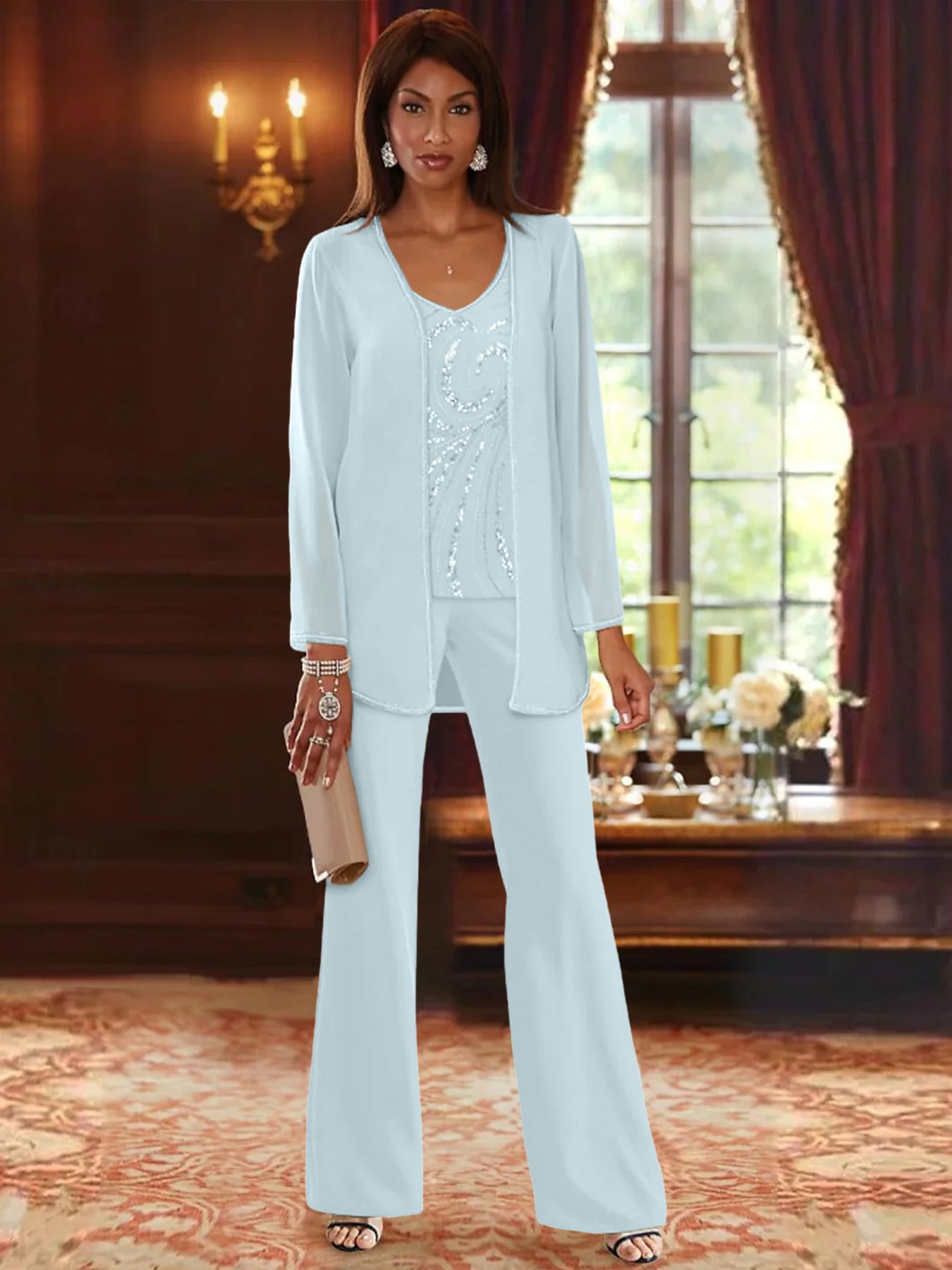 Chiffon V-Neck Floor-Length 3 Pieces Mother of the Bride Pantsuits with Jacket & Sequins Beading