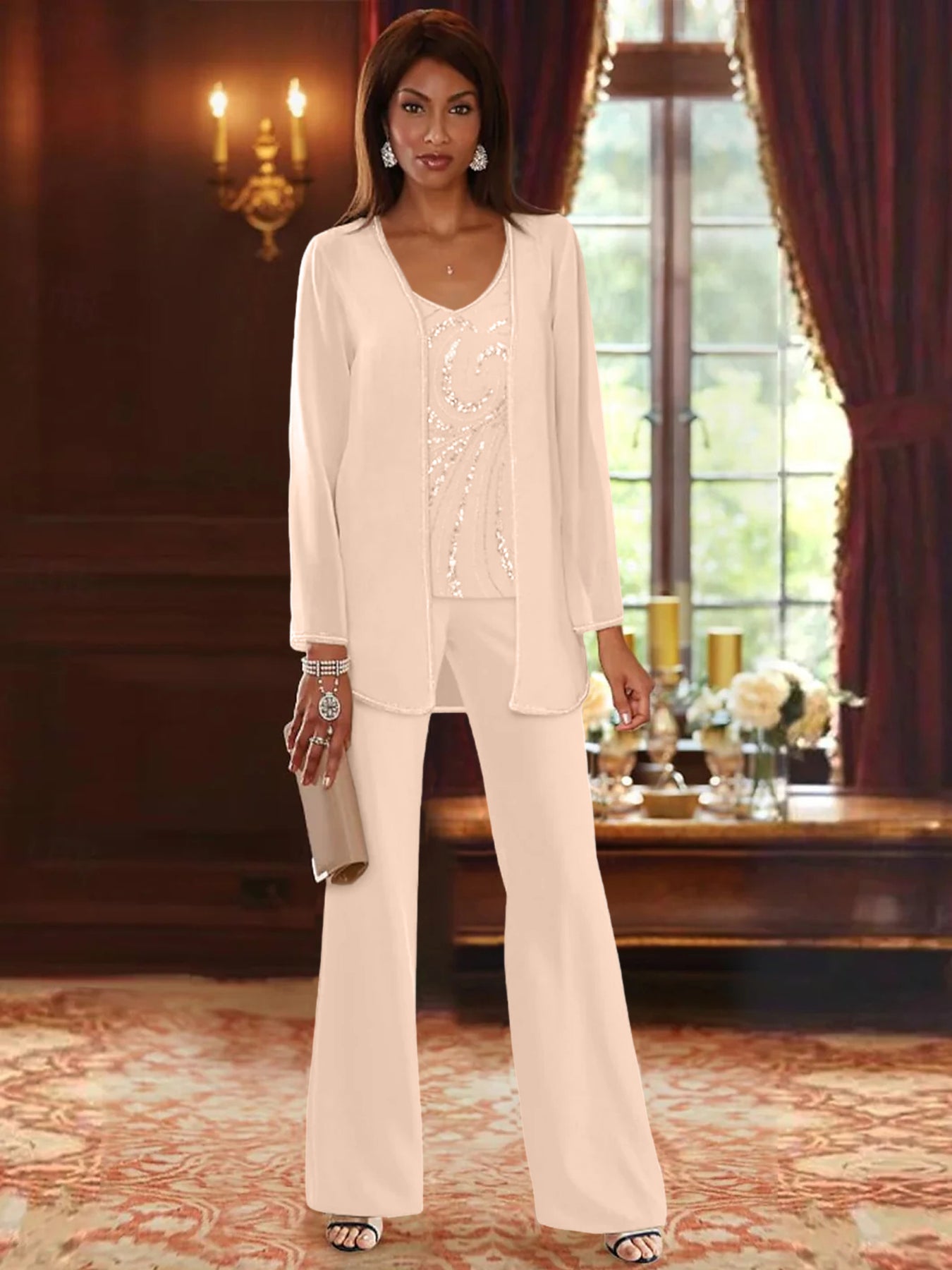 Chiffon V-Neck Floor-Length 3 Pieces Mother of the Bride Pantsuits with Jacket & Sequins Beading