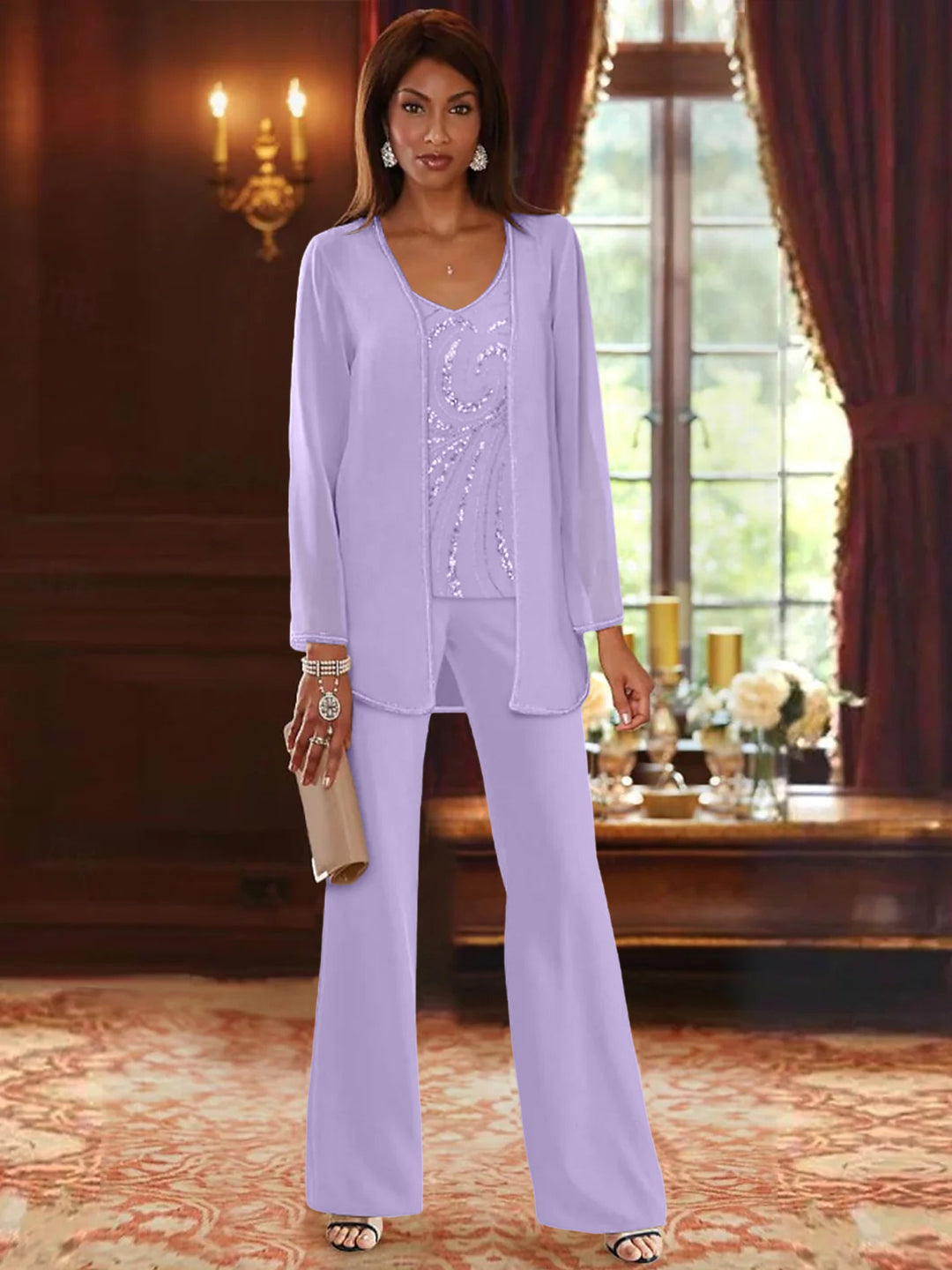 Chiffon V-Neck Floor-Length 3 Pieces Mother of the Bride Pantsuits with Jacket & Sequins Beading