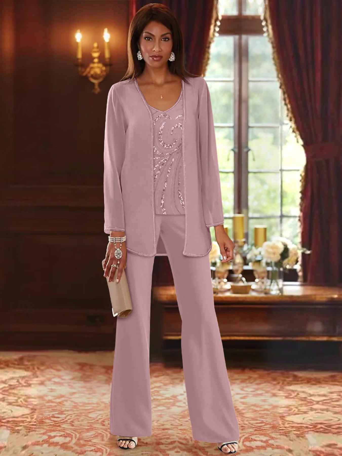 Chiffon V-Neck Floor-Length 3 Pieces Mother of the Bride Pantsuits with Jacket & Sequins Beading