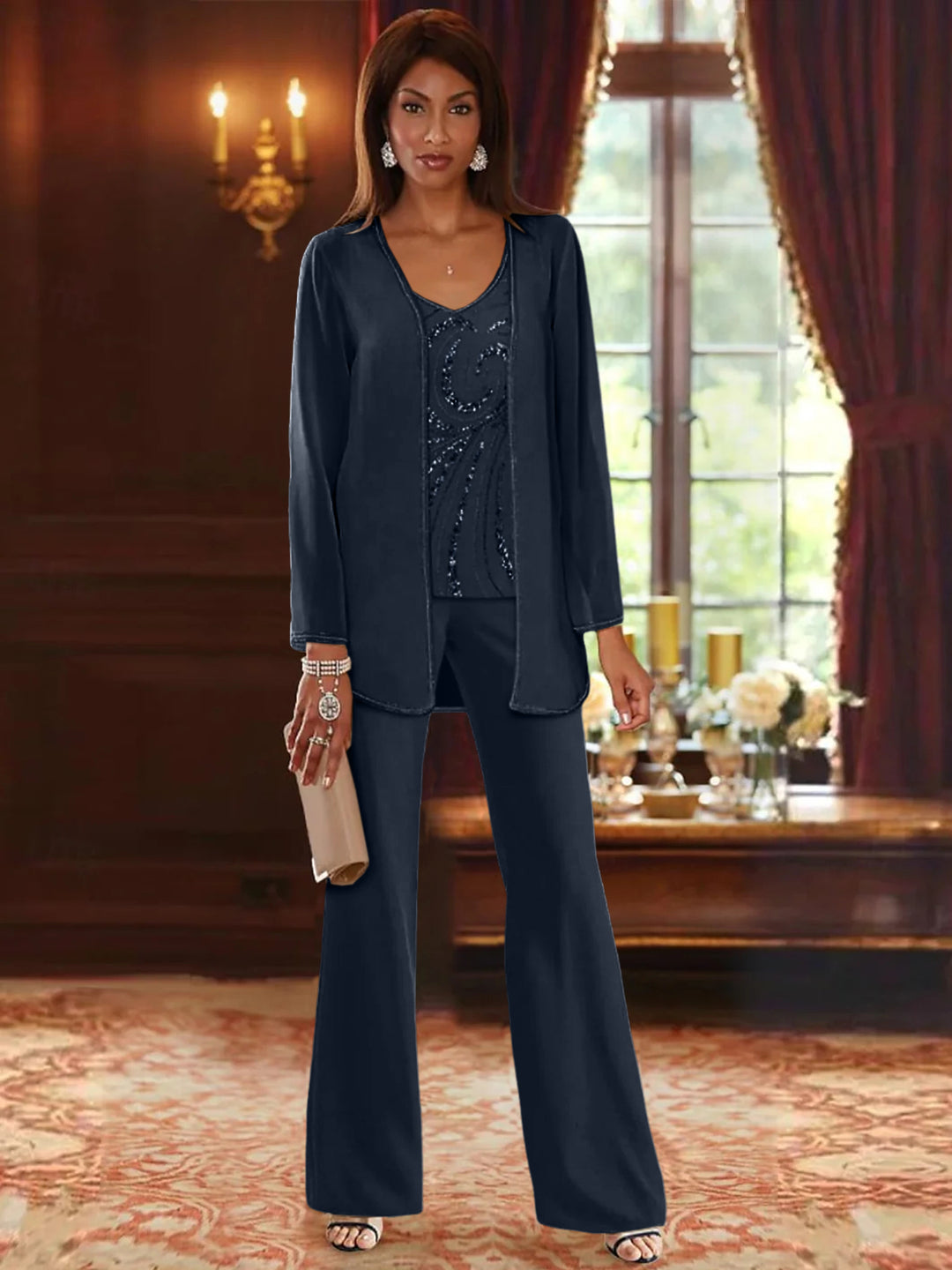 Chiffon V-Neck Floor-Length 3 Pieces Mother of the Bride Pantsuits with Jacket & Sequins Beading