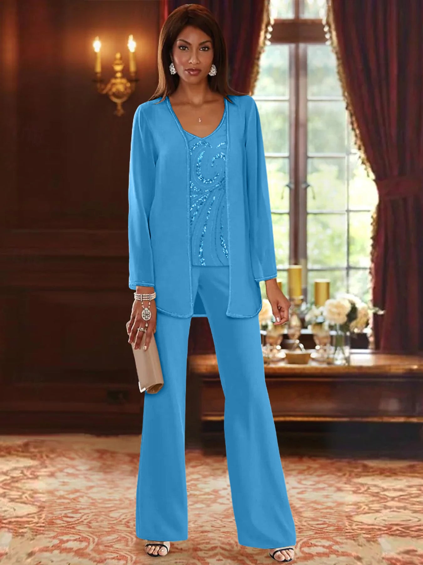 Chiffon V-Neck Floor-Length 3 Pieces Mother of the Bride Pantsuits with Jacket & Sequins Beading