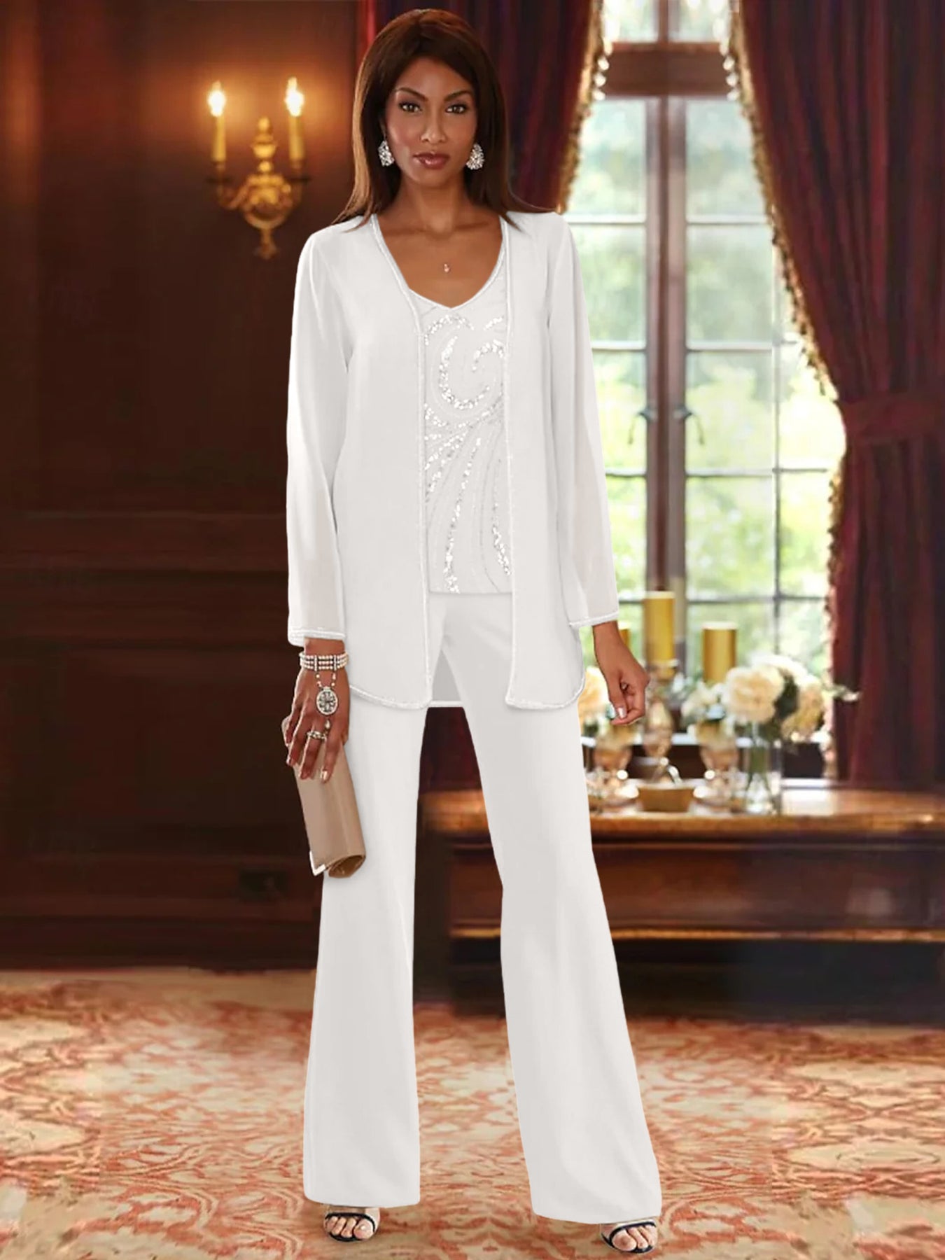 Chiffon V-Neck Floor-Length 3 Pieces Mother of the Bride Pantsuits with Jacket & Sequins Beading