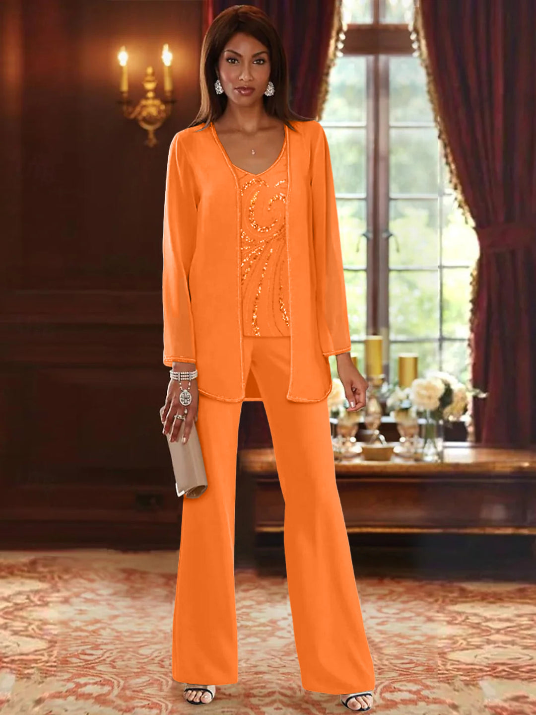 Chiffon V-Neck Floor-Length 3 Pieces Mother of the Bride Pantsuits with Jacket & Sequins Beading
