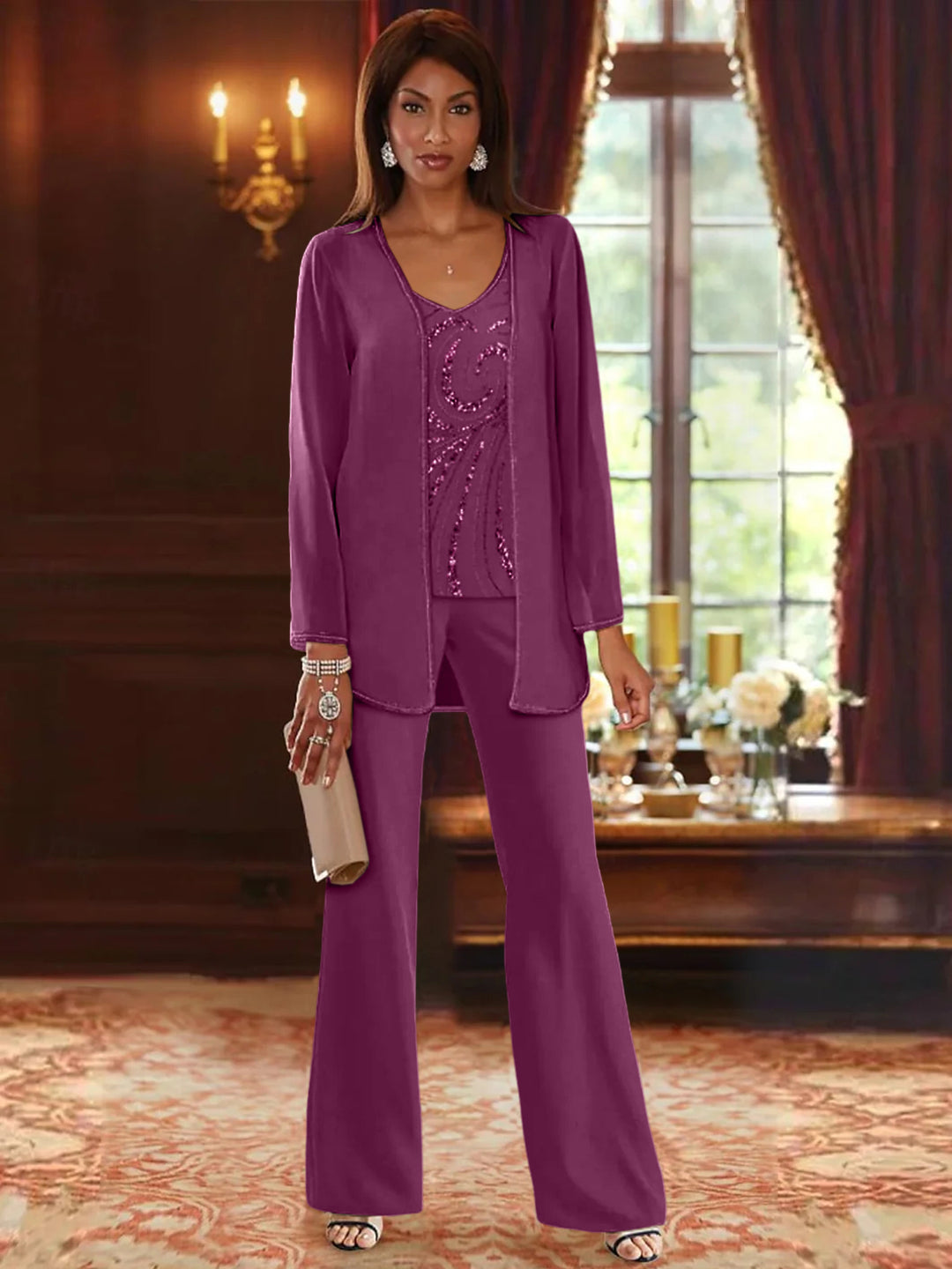 Chiffon V-Neck 3 Pieces Mother of the Bride Pantsuits with Jacket & Sequins