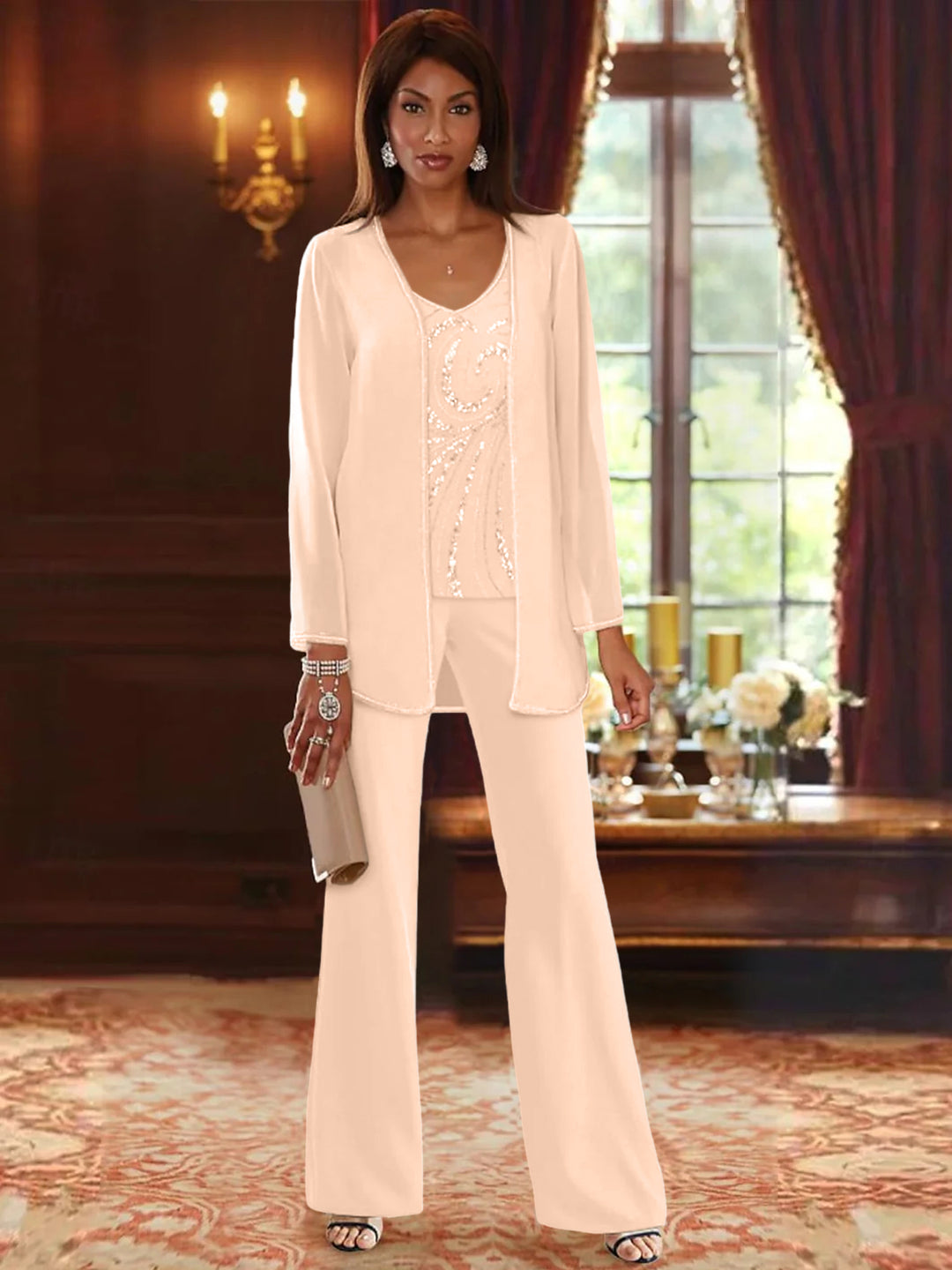 Chiffon V-Neck Floor-Length 3 Pieces Mother of the Bride Pantsuits with Jacket & Sequins Beading
