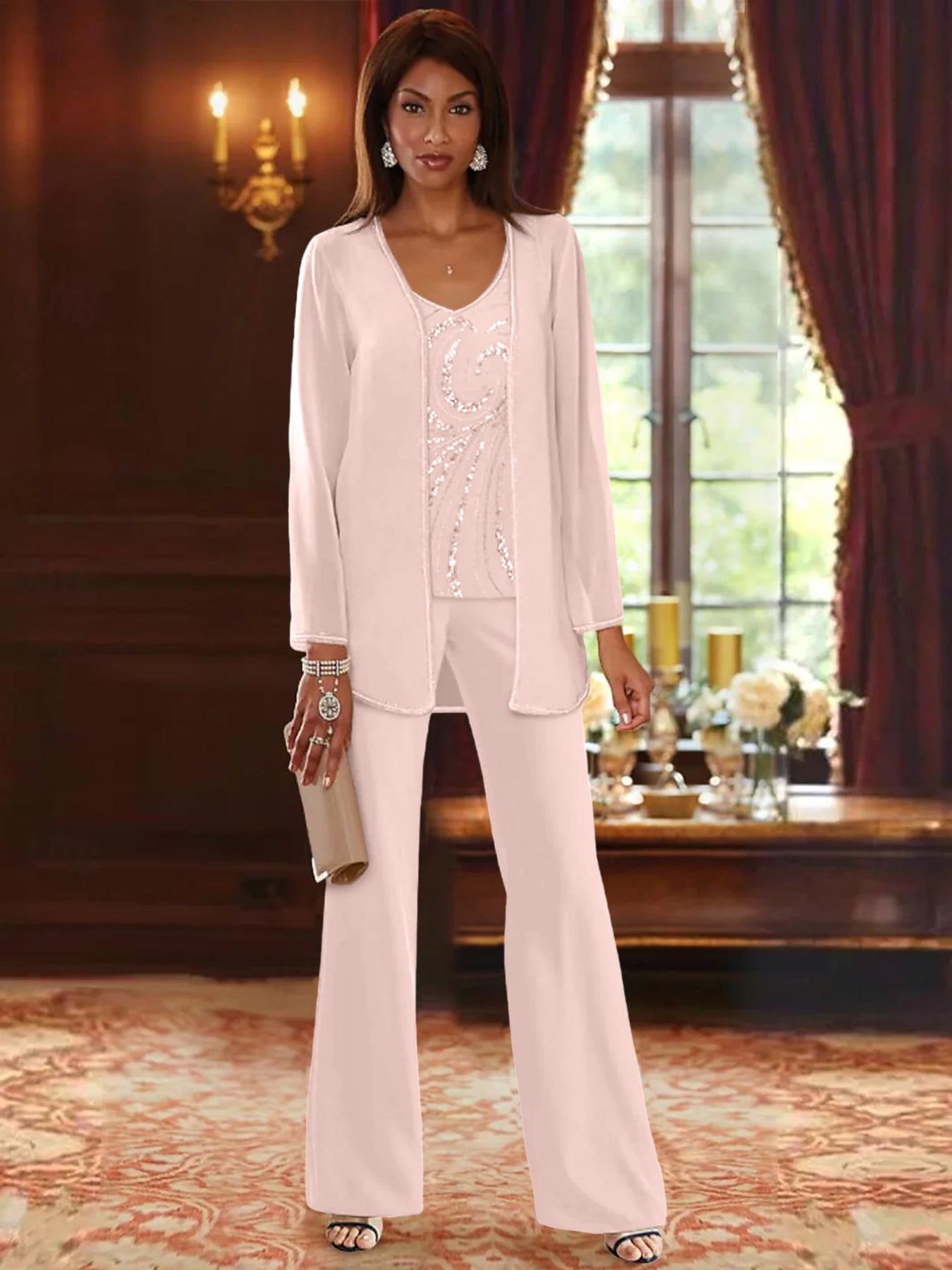 Chiffon V-Neck Floor-Length 3 Pieces Mother of the Bride Pantsuits with Jacket & Sequins Beading
