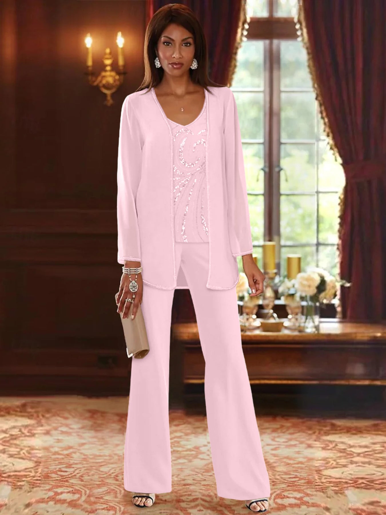 Chiffon V-Neck Floor-Length 3 Pieces Mother of the Bride Pantsuits with Jacket & Sequins Beading