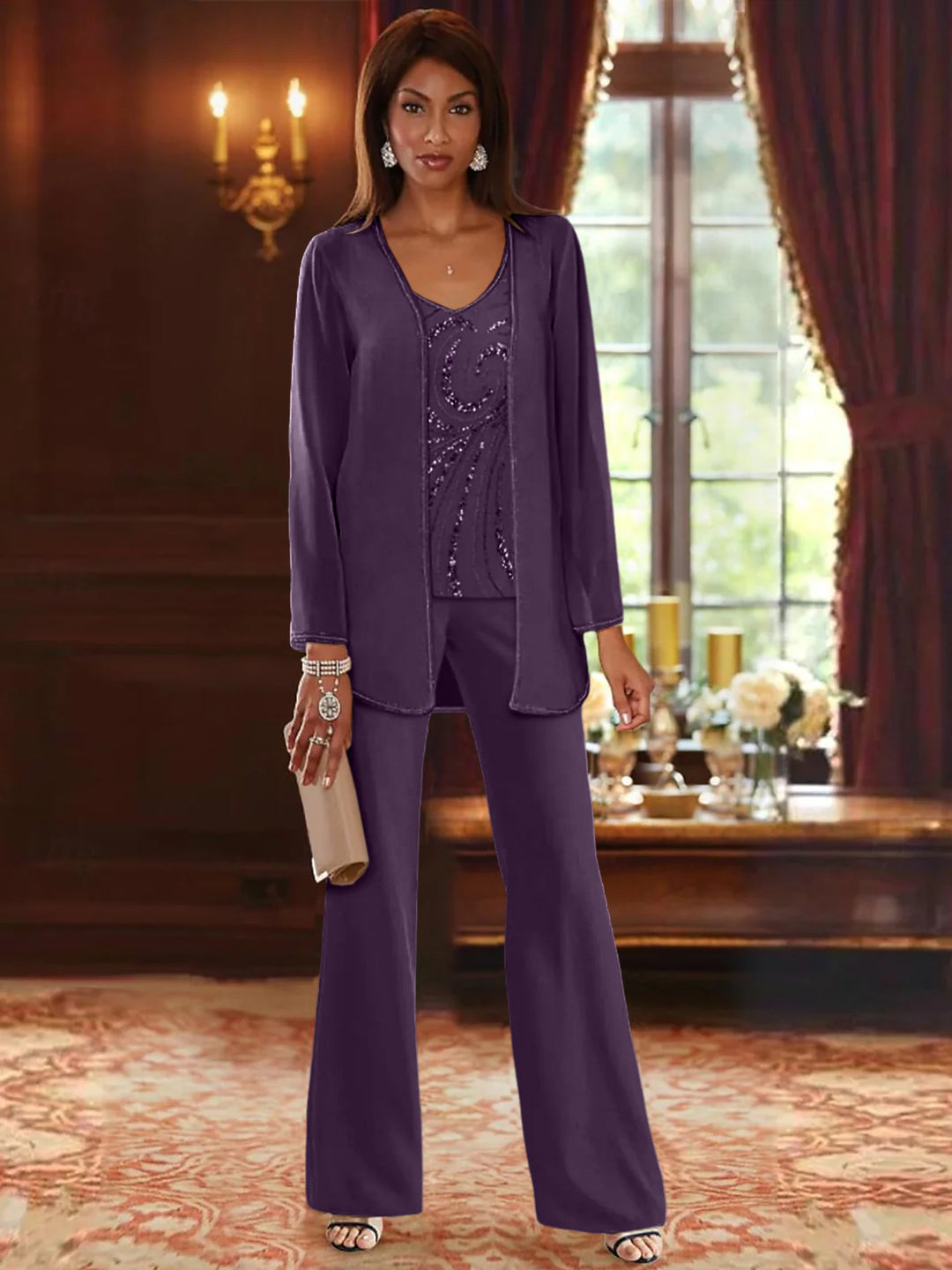 Chiffon V-Neck Floor-Length 3 Pieces Mother of the Bride Pantsuits with Jacket & Sequins Beading